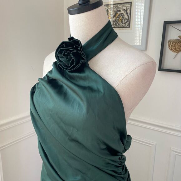 Fashion Nova When In Rome Rosette Satin Midi Dress Hunter Green L - Picture 5 of 8